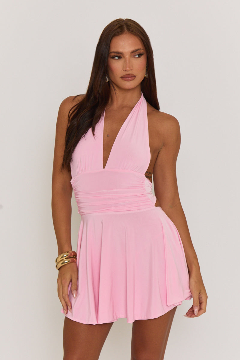 PIPPA MINI DRESS – PINK HALTER PLUNGE NECK